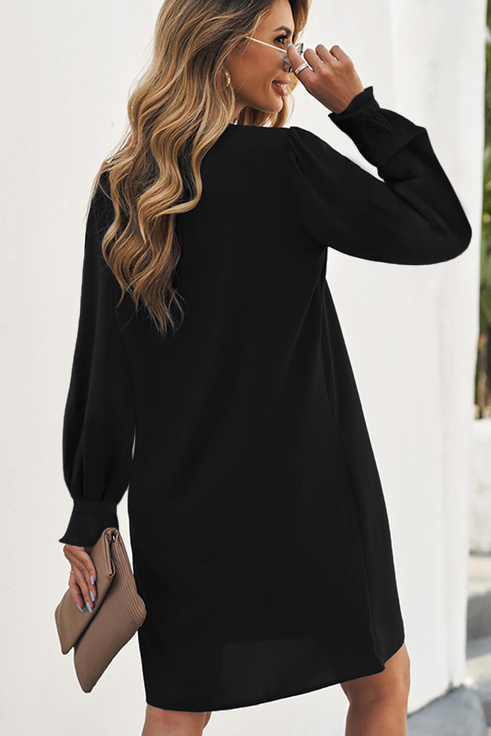 Black Split V Neck Ruffled Sleeves Shirt Dress