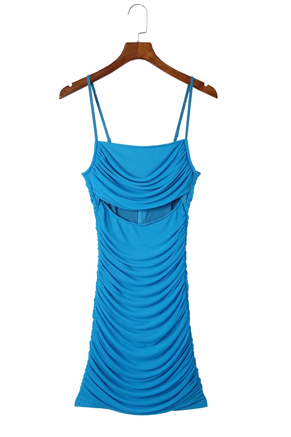 Blue Spaghetti Straps Backless Ruched Mini Dress