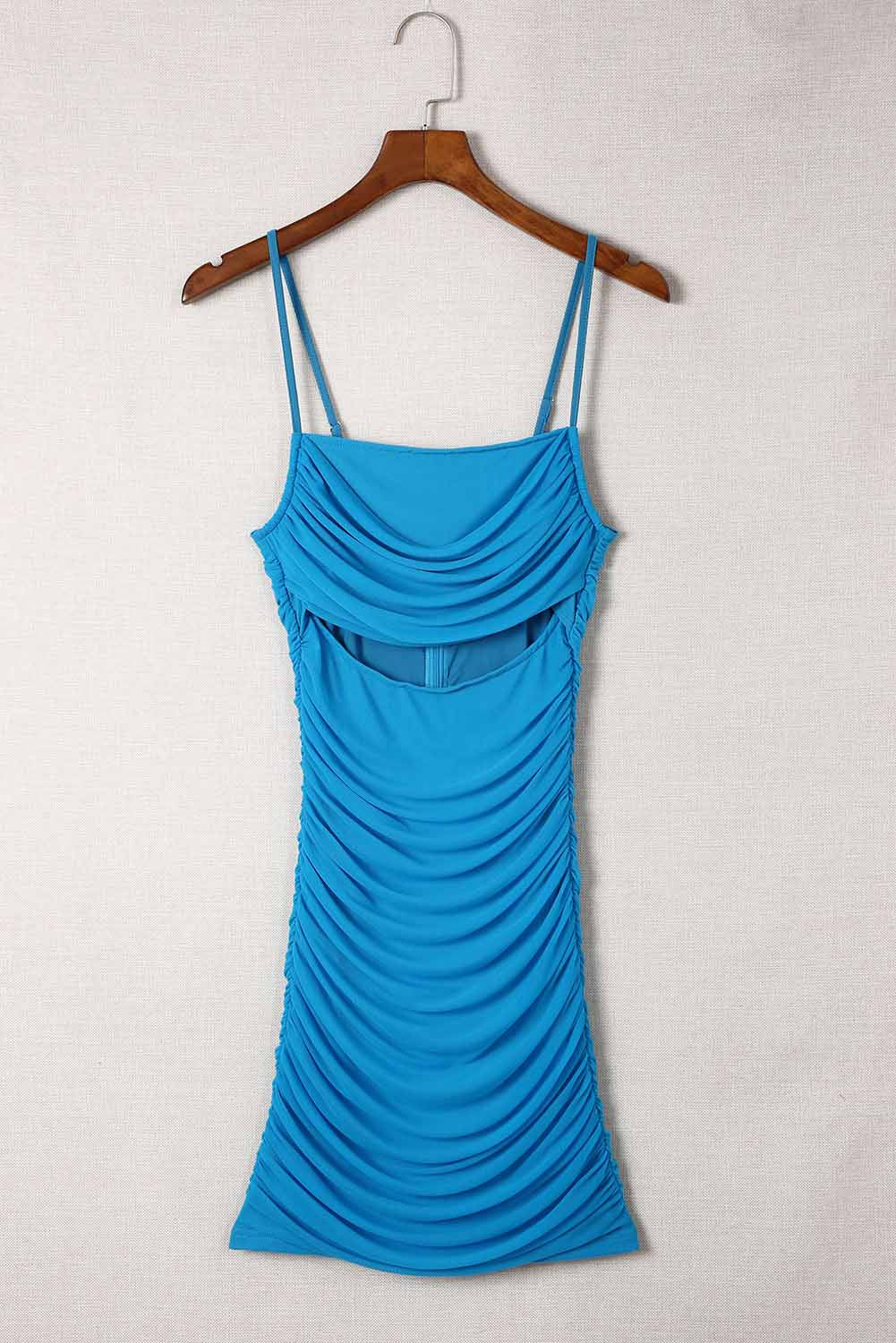 Blue Spaghetti Straps Backless Ruched Mini Dress