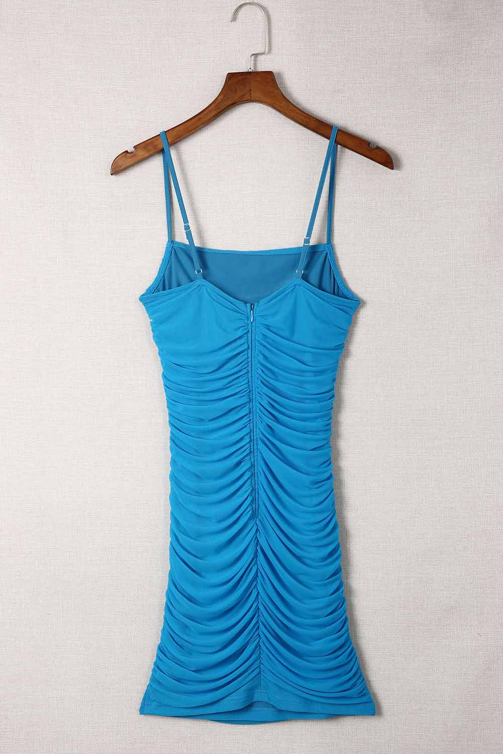 Blue Spaghetti Straps Backless Ruched Mini Dress