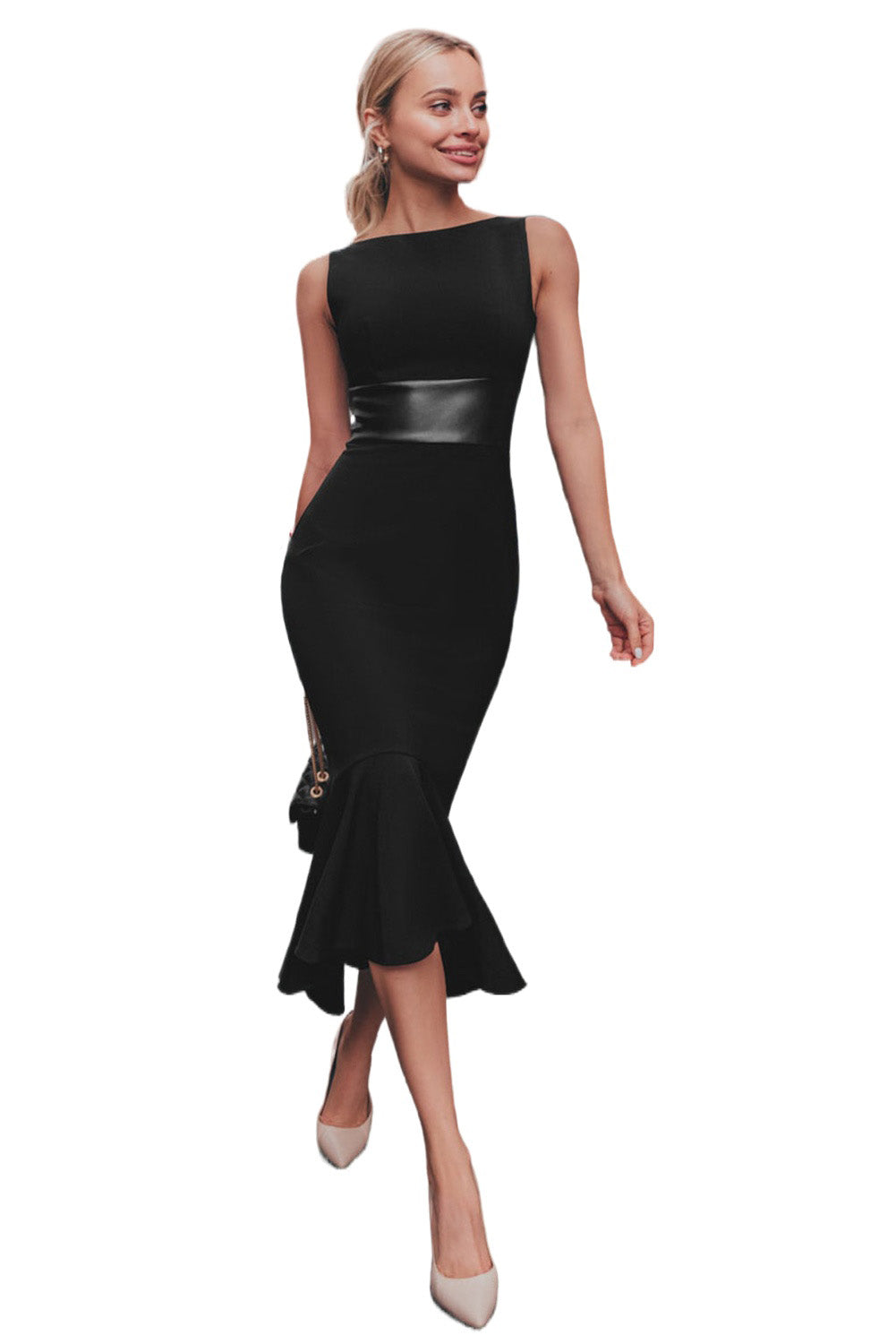 Black Leather Girdle Patch Sleeveless Fishtail Dress