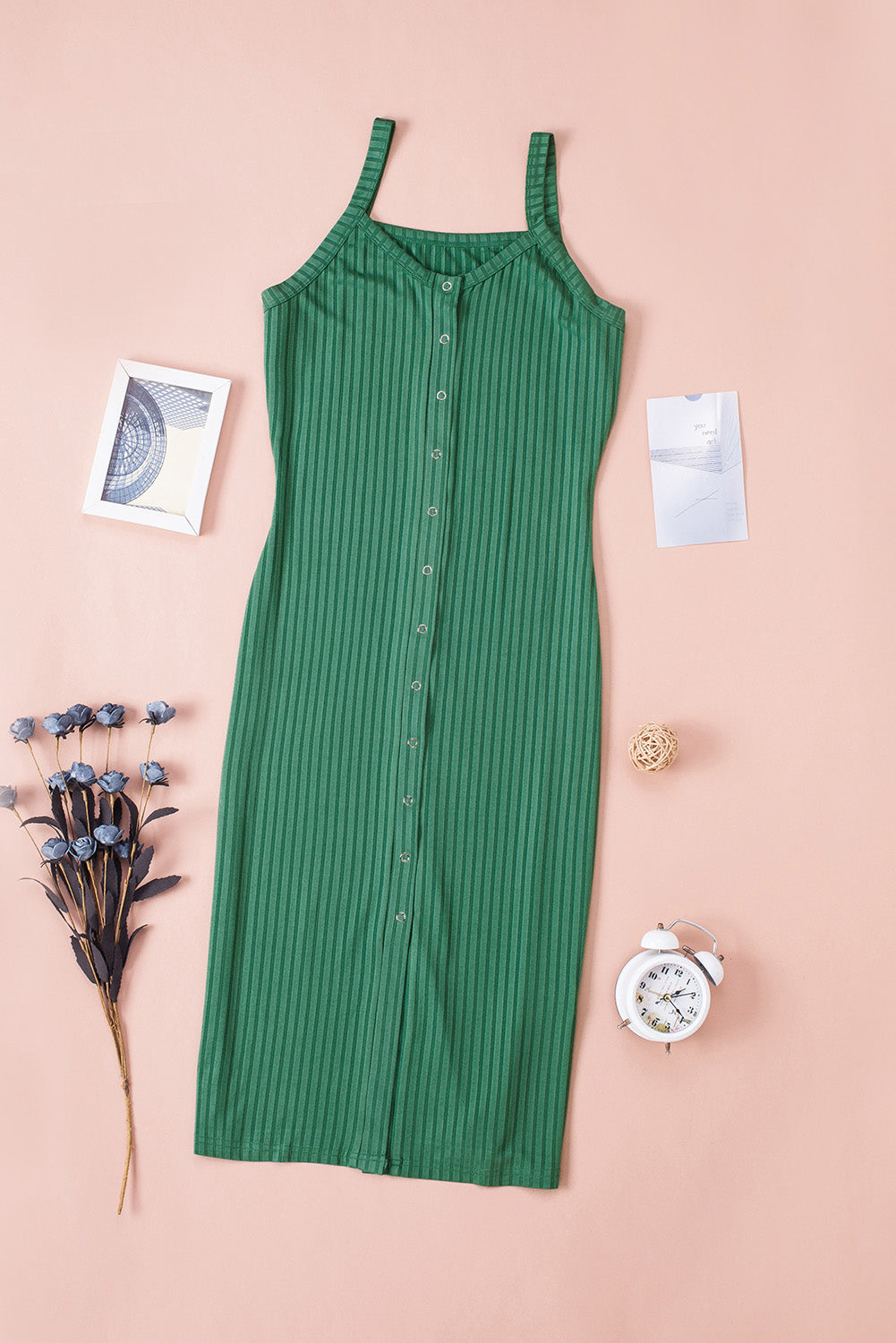 Green Buttoned Ribbed Sleeveless Bodycon Midi Dress