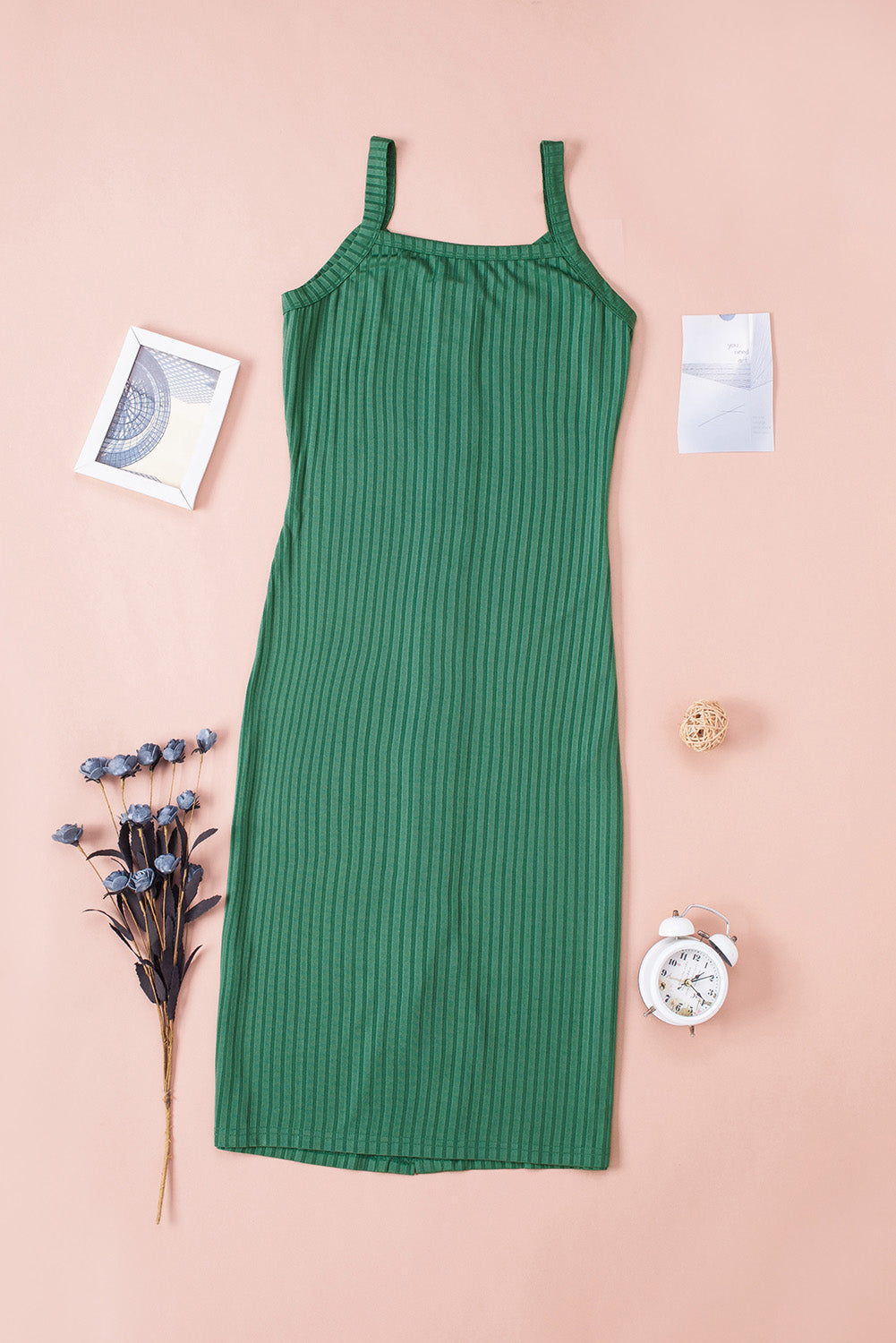 Green Buttoned Ribbed Sleeveless Bodycon Midi Dress