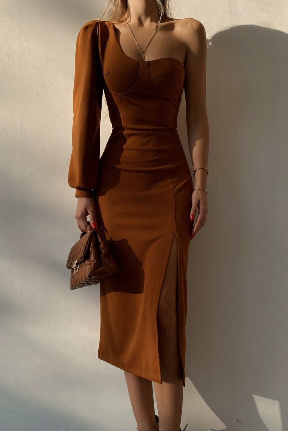 One Shoulder Puff Sleeve Split Midi Dress