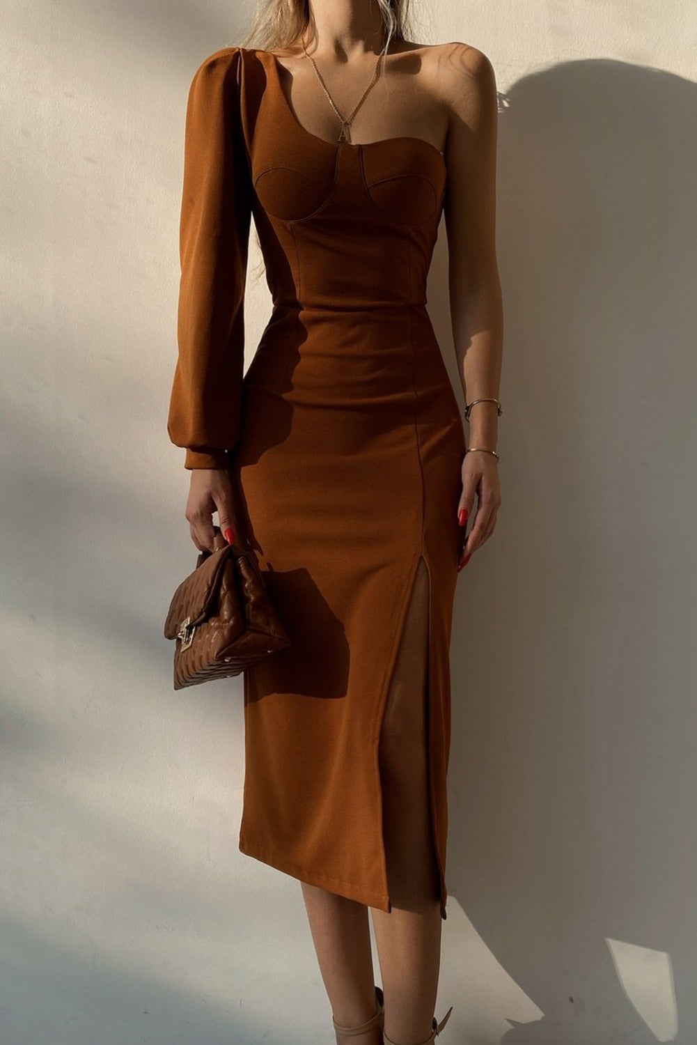 One Shoulder Puff Sleeve Split Midi Dress