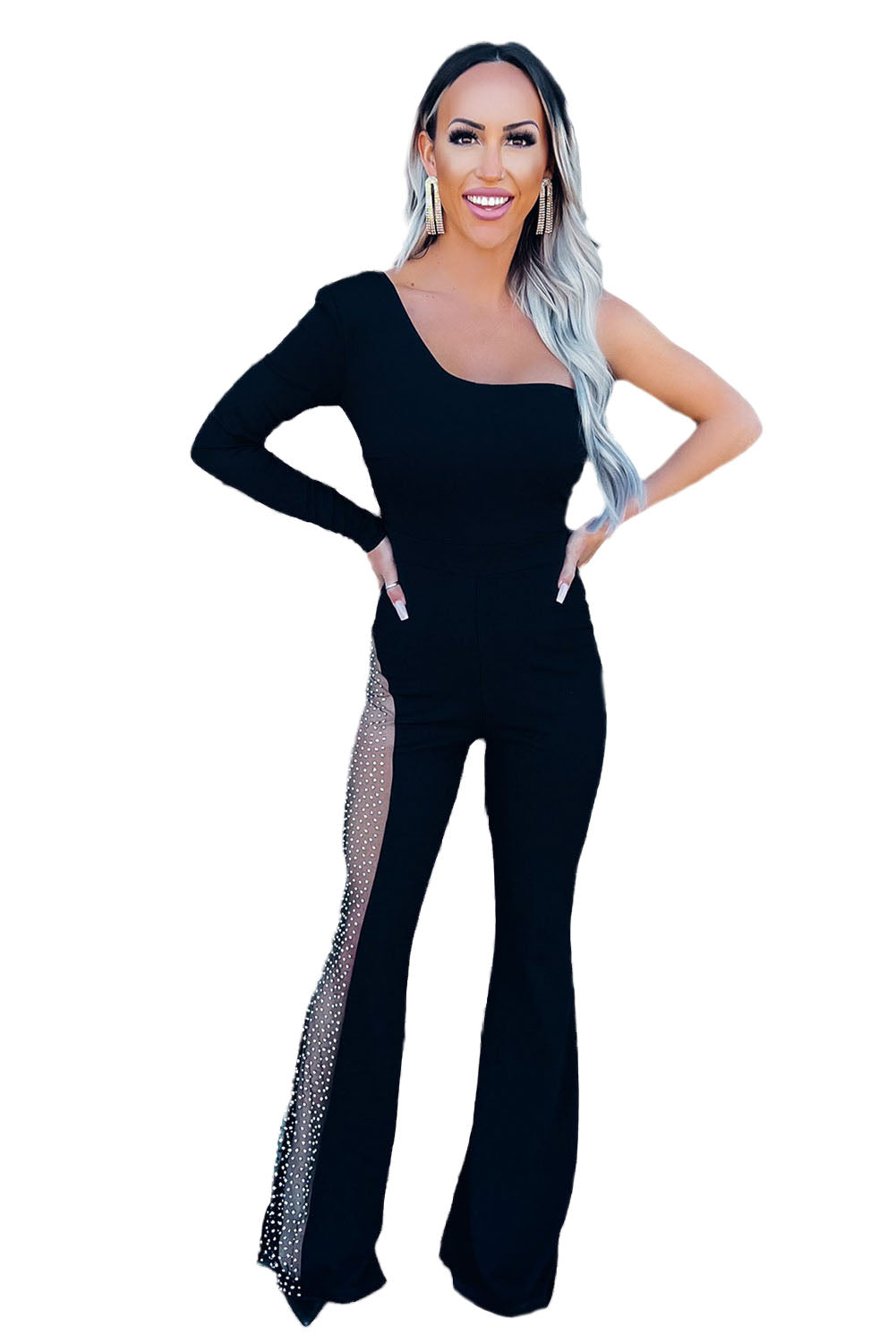 Black One-shoulder Gem Rhinestone Accent Flare Bottom Jumpsuit