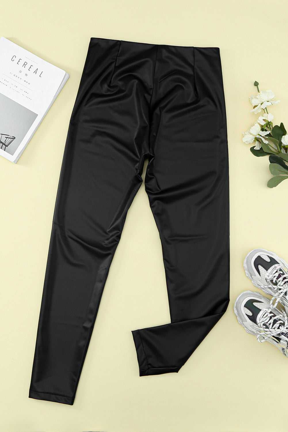 Black Solid Skinny Zipper PU Pants