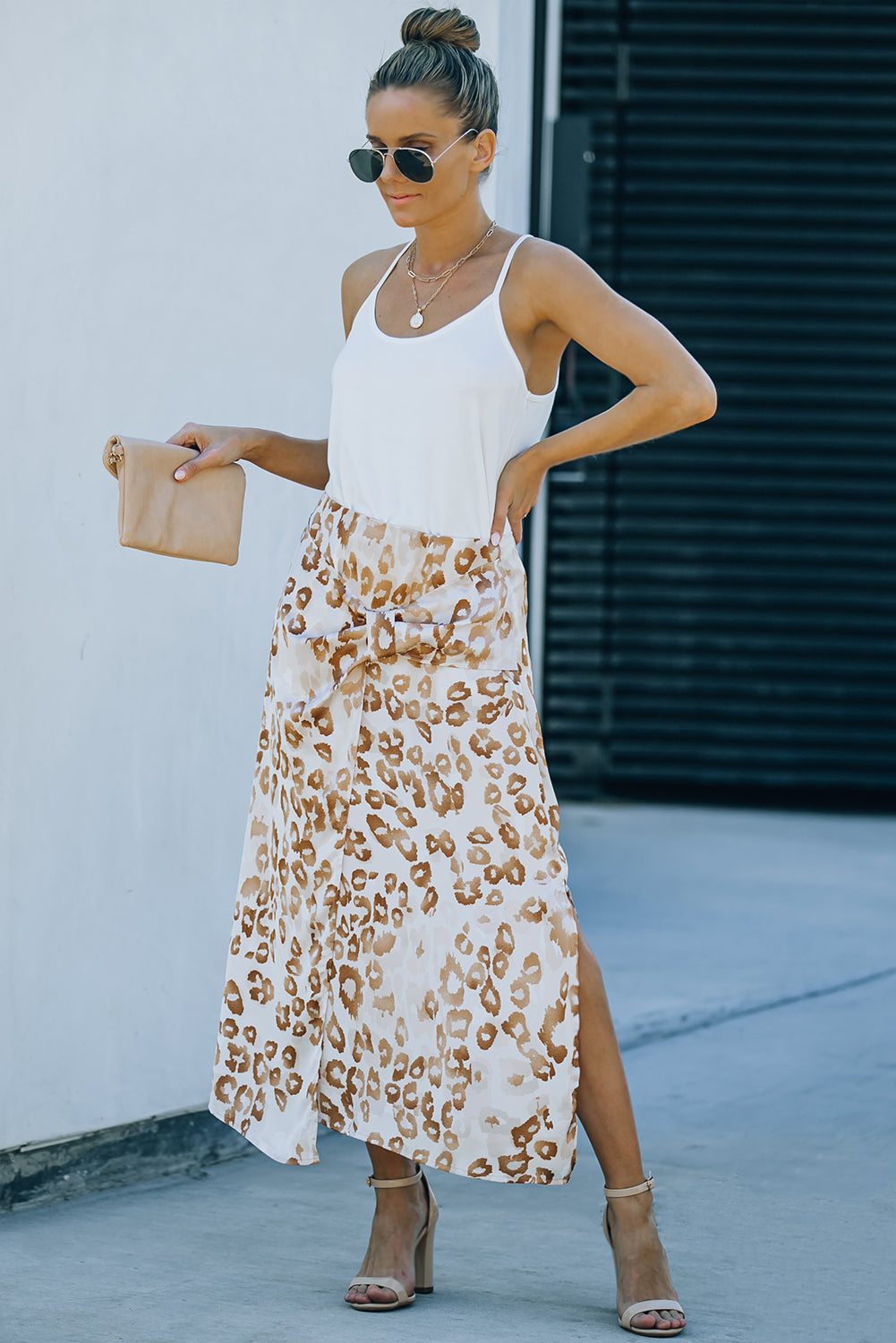 Leopard Print Knotted Front Long Skirt