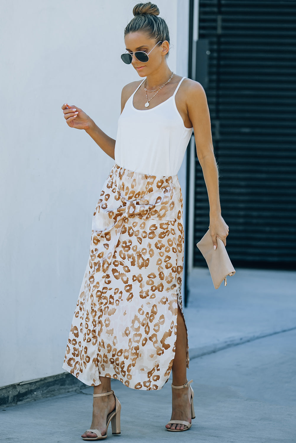 Leopard Print Knotted Front Long Skirt