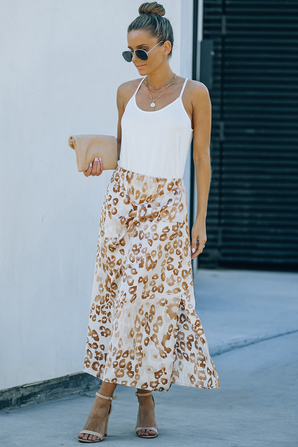 Leopard Print Knotted Front Long Skirt