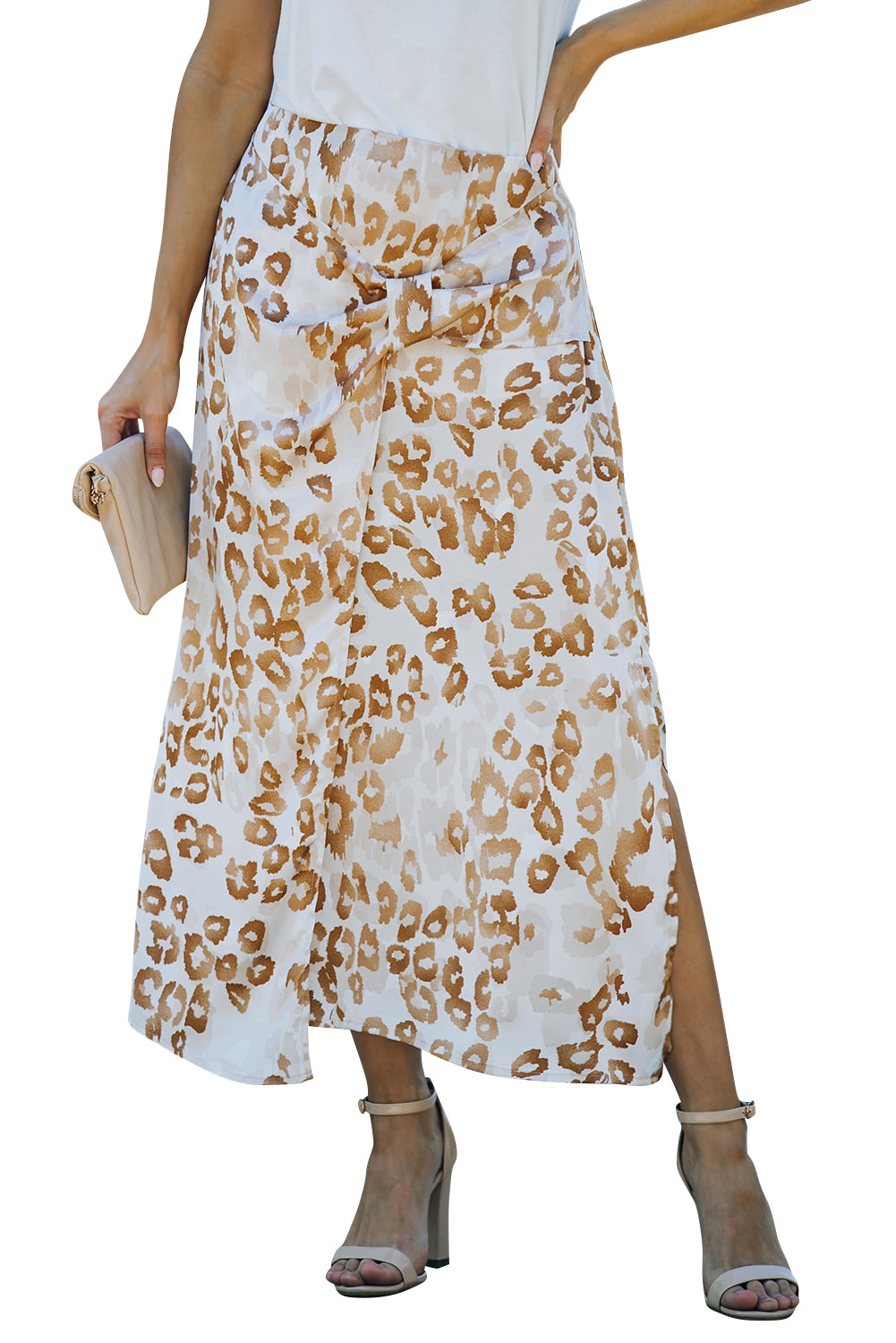 Leopard Print Knotted Front Long Skirt