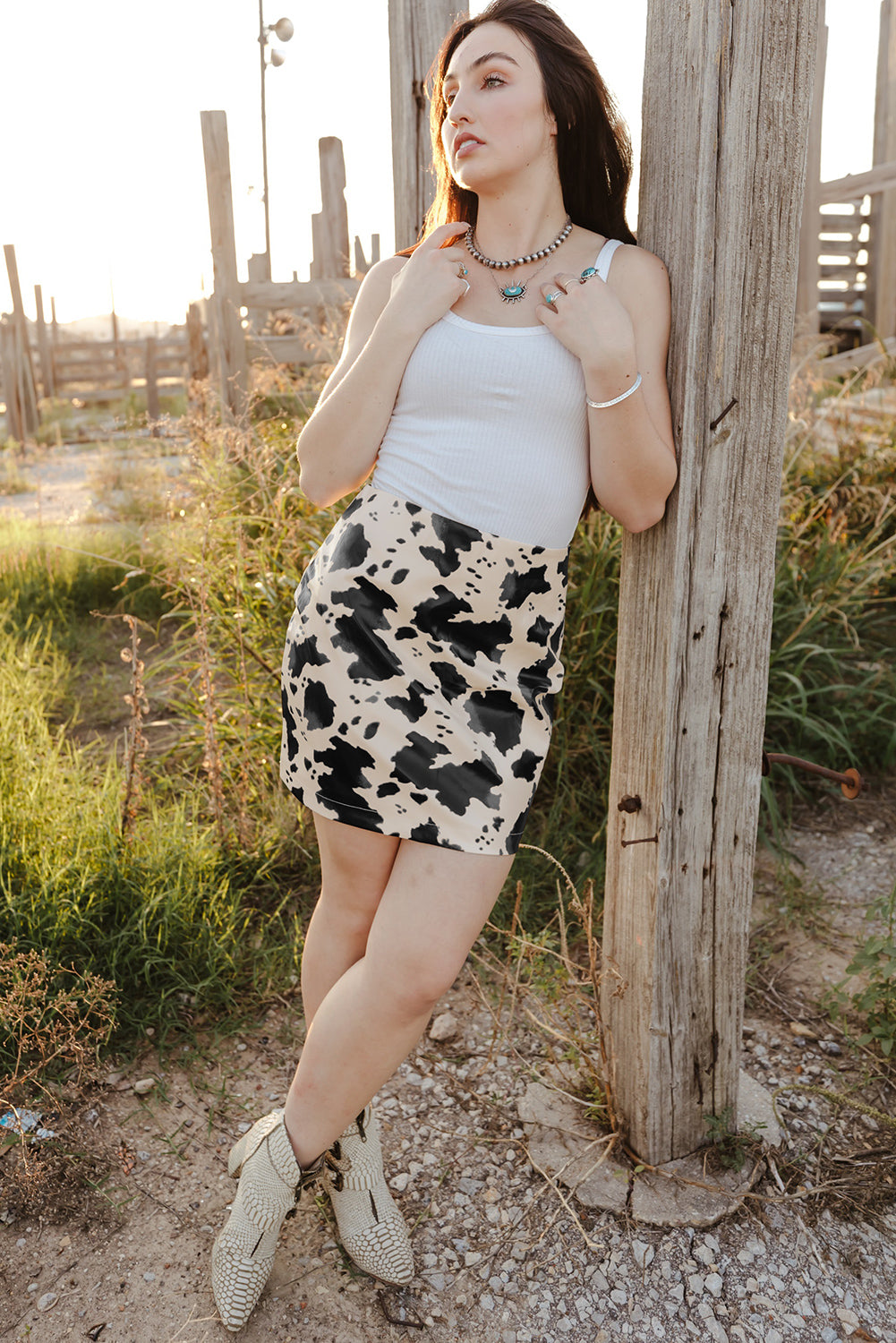 Cow Print Faux Leather Mini Skirt