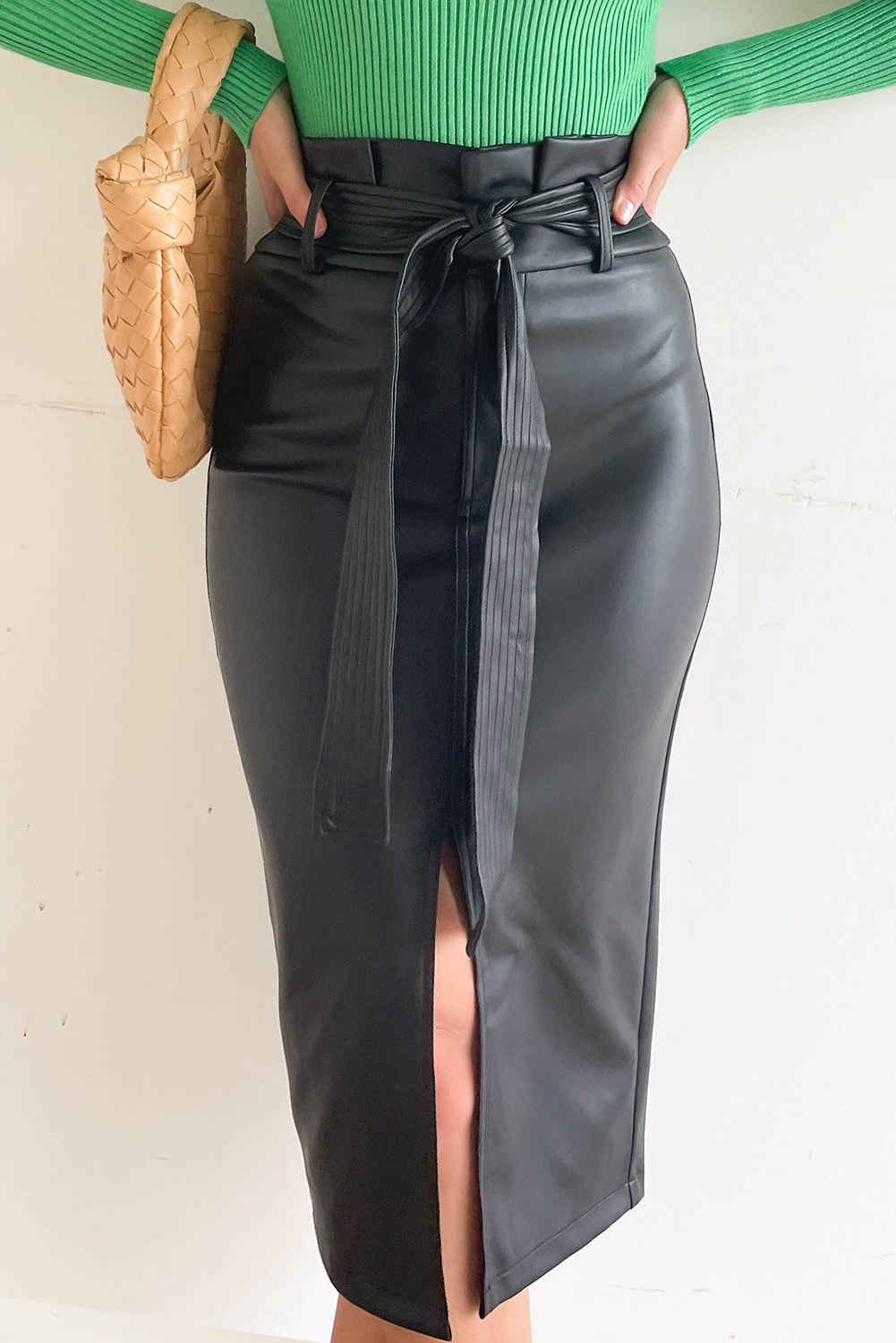 Black High Waist PU Midi Skirt