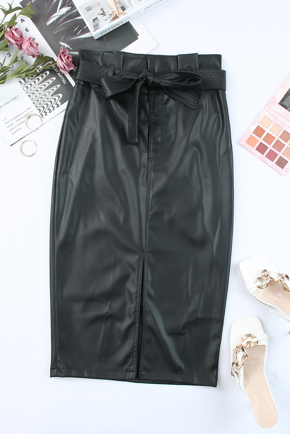 Black High Waist PU Midi Skirt