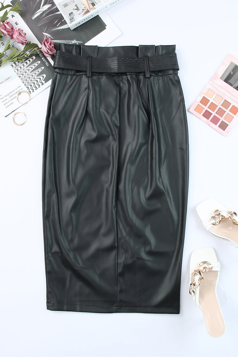 Black High Waist PU Midi Skirt