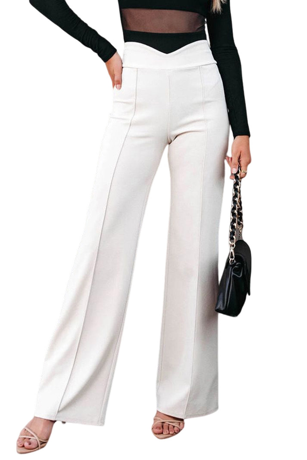 White Wavy Plunge High Waist Wide Leg Pants