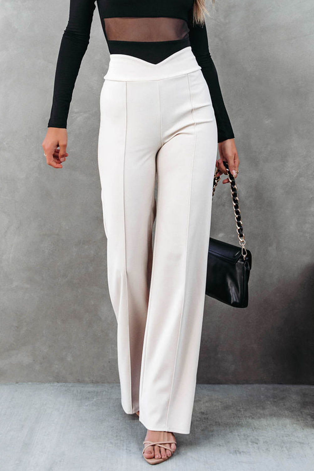 White Wavy Plunge High Waist Wide Leg Pants