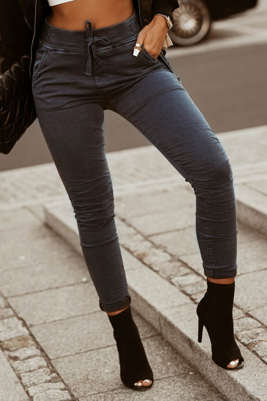 Gray Drawstring High Waist Skinny Pants