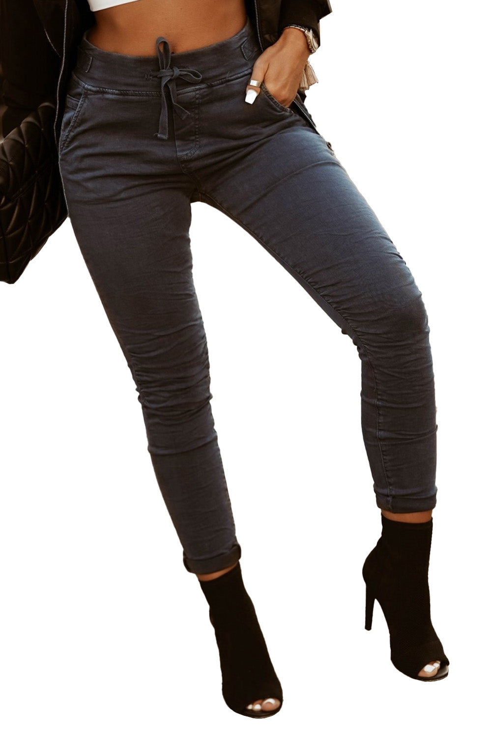 Gray Drawstring High Waist Skinny Pants