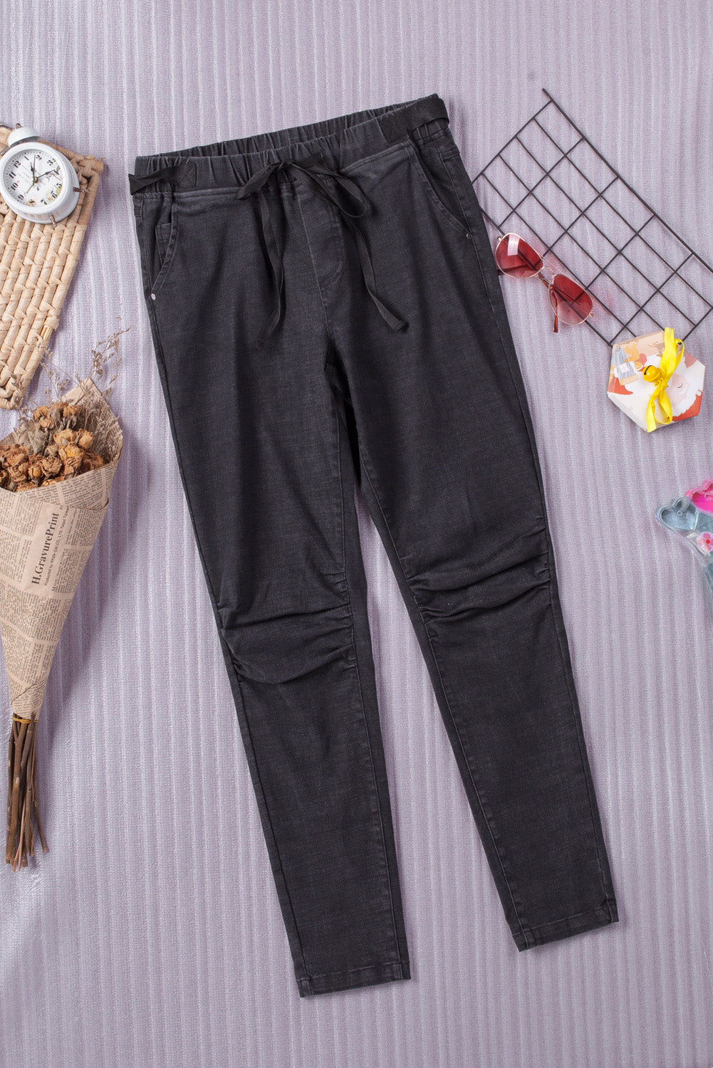 Gray Drawstring High Waist Skinny Pants