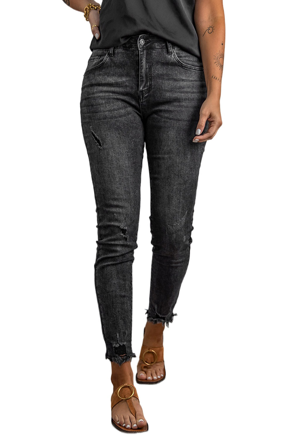 High Rise Frayed Ankle Skinny Jeans