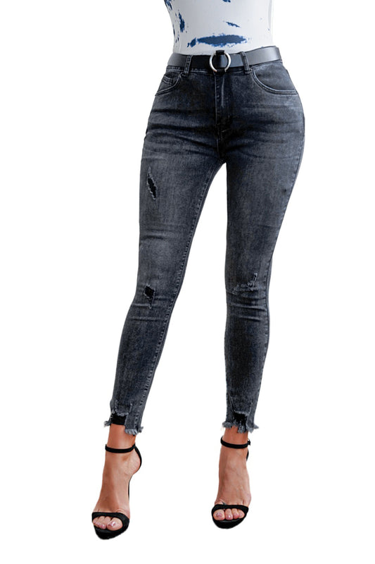 High Rise Frayed Ankle Skinny Jeans