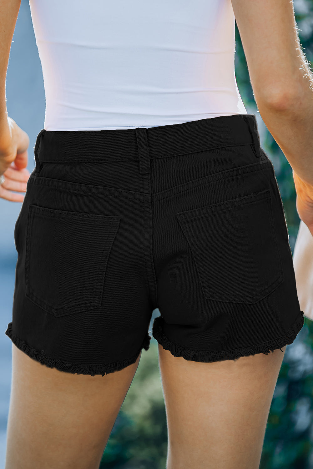 Black Distressed Tasseled Denim Shorts