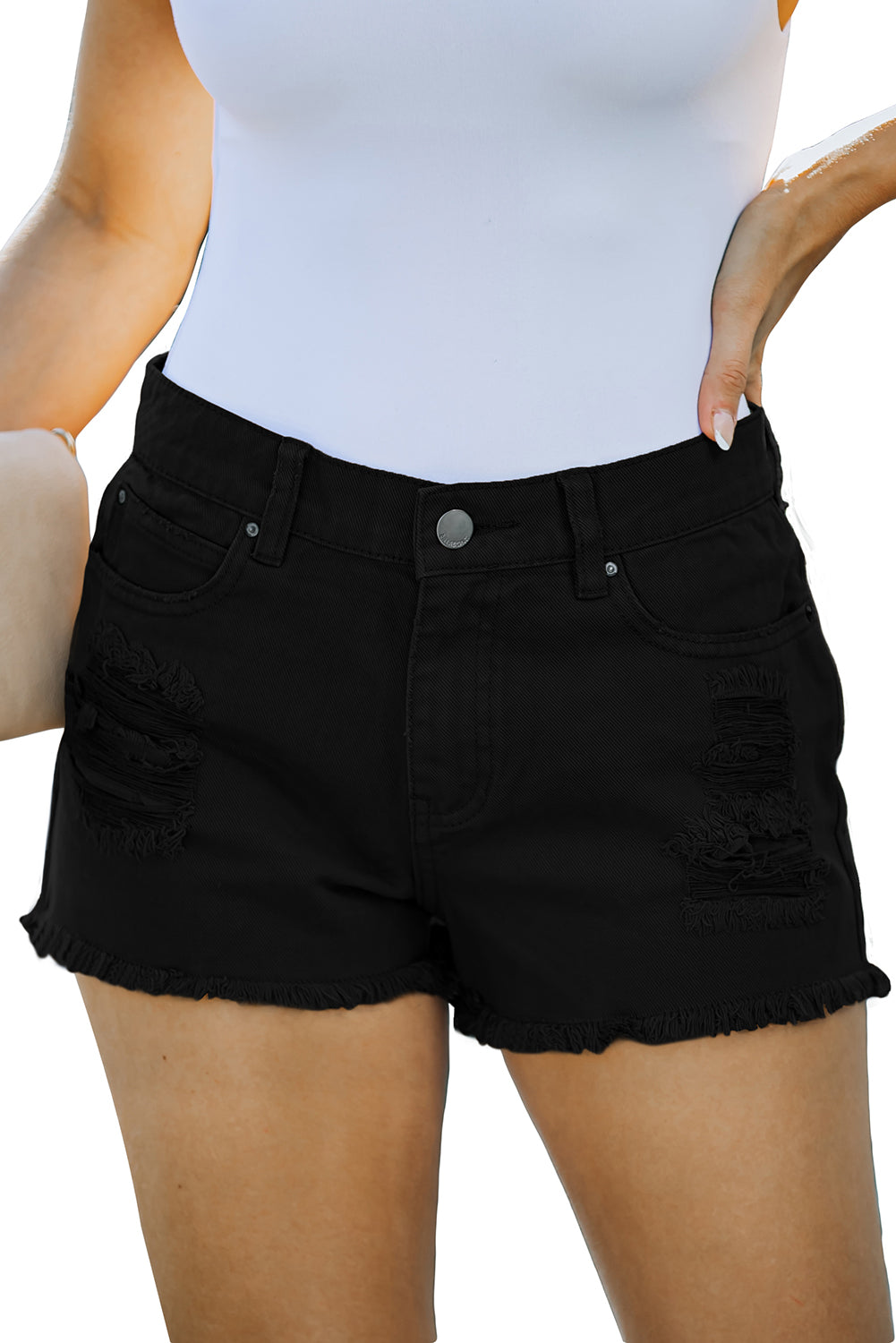 Black Distressed Tasseled Denim Shorts