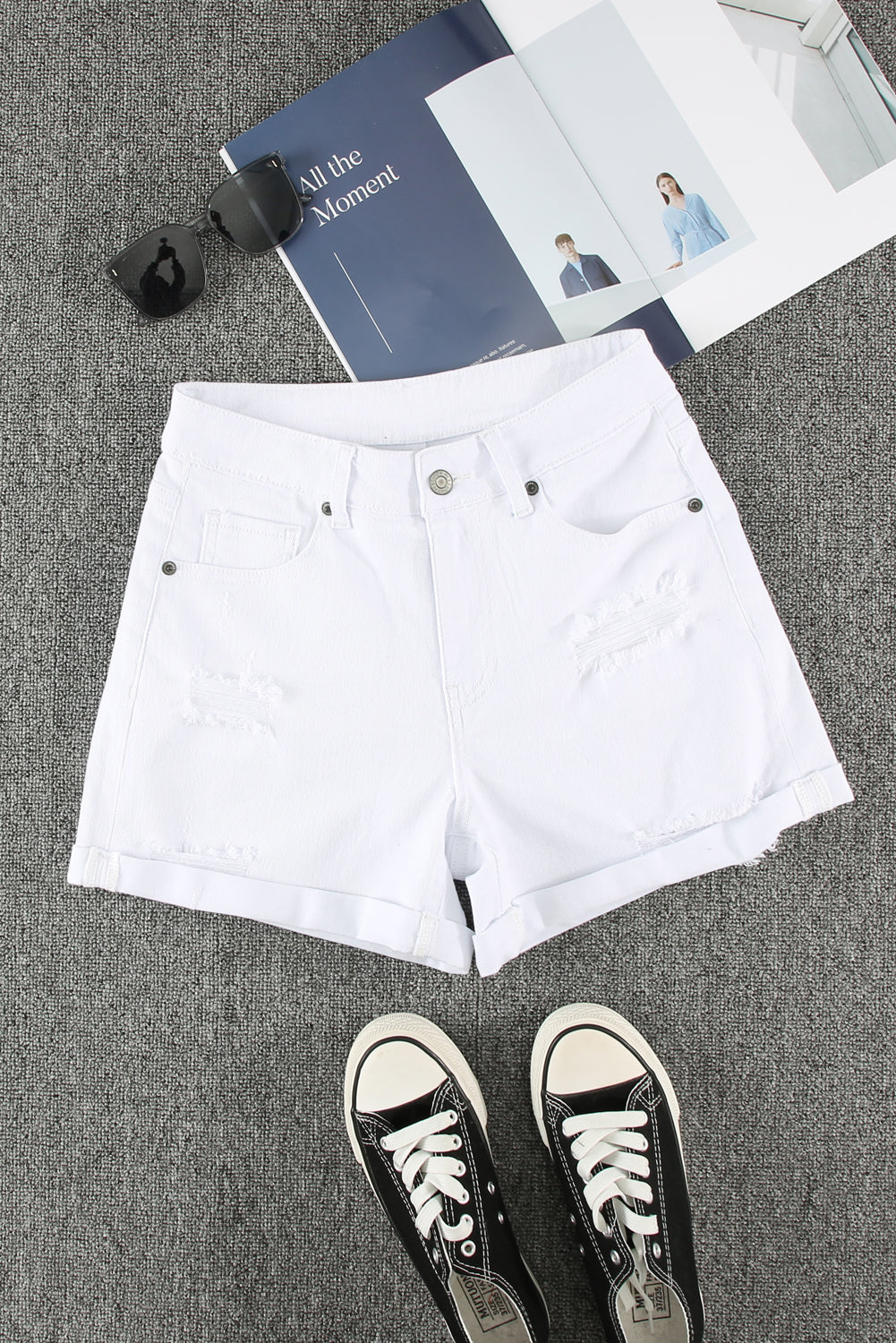 White Rolled-up High Waist Distressed Denim Short