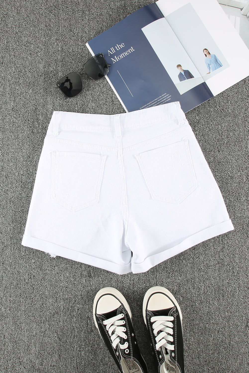 White Rolled-up High Waist Distressed Denim Short