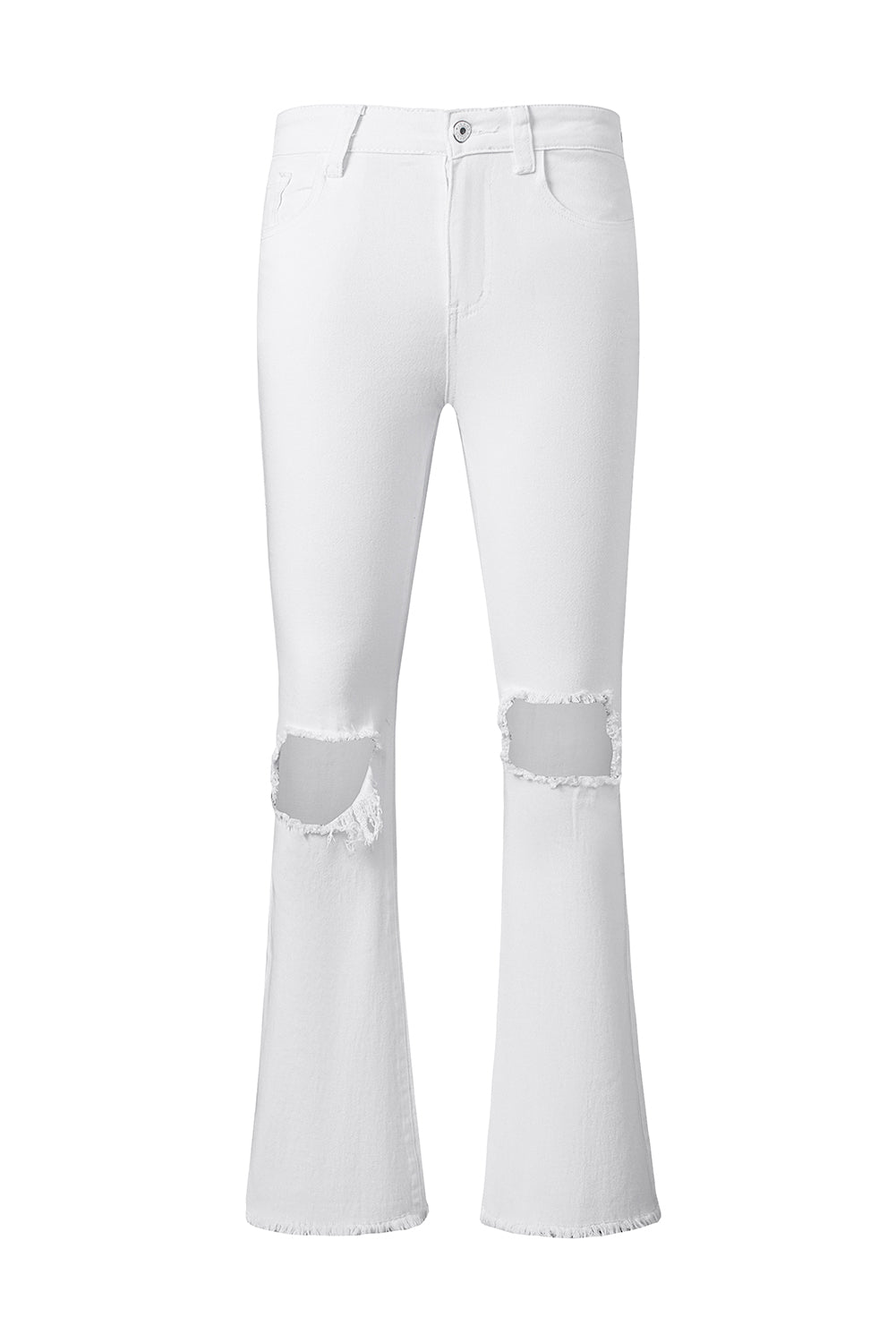 White Distressed Hollow-out Knee Frayed Flare Jeans