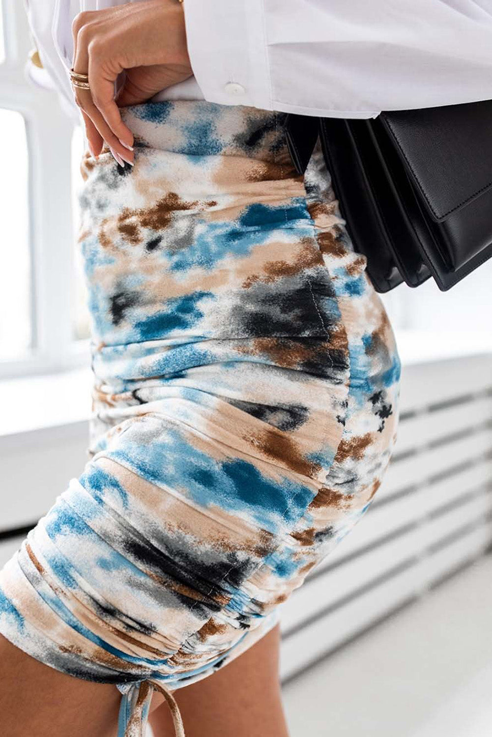 Tie-Dye Printed Drawstring Ruched Bodycon Skirt